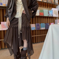 Bxoxo Vintage Brown Mesh Skirts Women Asymmetrical Harajuku Y2k Mid Skirt Japanese Style Streetwear Long Skirts Aesthetics