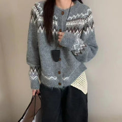 Bxoxo Fair Isle Sweater Cardigan Women Long Sleeve Button-Up Crewneck Knitted Jacket Cardi Female Knitwear Fall Winter Vintage Outfit