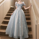 BXOXO Customized Simple Solid Square Collar Puff Sleeve Princess Prom Dress Front Cross Bow Design Slim A-line Vestidos High End Strap