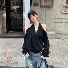Bxoxo Casual Off Shoulder Sweatshirts Women Sexy Korean Style Loose Pullovers Harajuku Y2k Fashion Long Sleeve Sweatshirts