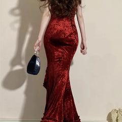 BXOXO Wine red suspender fish tail elegant Goddess Royal dress with hip wrap