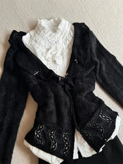 BXOXO Goth Women Two Pieces Set Hot girl Punk Y2k Cross Lace Slim Cardigan 2000s Harajuku Short Skirt Hollowed Out Butterfly Sleeve