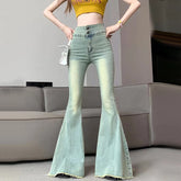 Bxoxo Y2K Vintage Raw Edge Flare Jeans Women Korean High Waist Slim Denim Pants Solid Hip Hop Streetwear All Match Wide Leg Trousers