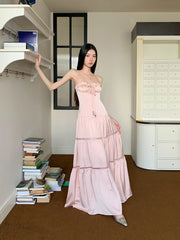 Bxoxo Pink Satin Backless Maxi Dress For Woman Shirring Beading A Line Long Tube Dress 2025 Summer Vacation Clothes