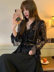 Bxoxo Elegant Lace V-Neck Long Sleeve Shirt Women Fashion Design Sexy Hollow Out See Sun Protection Tops Y2K Summer Chic Thin Blouse
