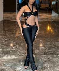BXOXO Sexy Stunning Women 2 Piece Coquette Solid Hollow Halter Crop Tanks+Slash Waist Slim Pants Female Clubwear Midnight Sets