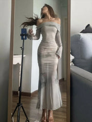 Bxoxo New Chinese Style Inkwash Painting Dresse Y2k E-Girl Slash Neck Long Sleeve Vestidos Summer Slim Waist Mesh Dress for Women