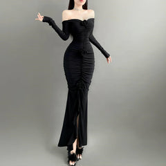 BXOXO Elegant Fashion Off Shoulder Dark Flower Ruffles Long Dress Gothic Slash Neck Long Sleeve Maxi Dresses For Women 2024