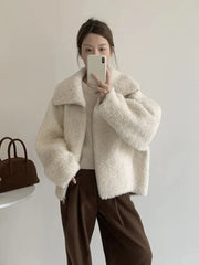 Bxoxo Fashion Faux Lambs Women Jacket Y2K Autumn Plush Thick Zipper Warm Coats Streetwear Long Sleeve All Match Hairy Outerwear New