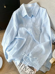 Bxoxo Blue Sweet Sun Proof Shirt Women Lace Patchwork Bow Korean Blouse Loose Fashion Long Sleeve Elegant Female Casual Cute Tops