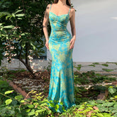 BXOXO Women Floral Spaghetti Strap Dress Slim Sweetheart Neck Sleeveless Long Bodycon Fishtail Dress for Party Club