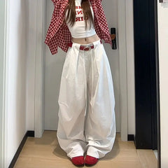 Bxoxo White Basic High Waist Wide Leg Women Pants Solid Color Korean Fashion Parachute Trousers Baggy Lace Up Youthful Summer