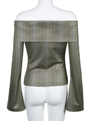 BXOXO Green Striped Off Shoulder Blouses Vintage Y2K Aesthetic Buttons Collar Shirts Women Fashion Korean Casual Sweet Tops