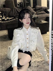 Bxoxo French Ruffle White Shirt Women Japanese Sweet Lolita Long Sleeve Female Blouse Y2K Kawaii Preppy All Match Chic Crop Tops New