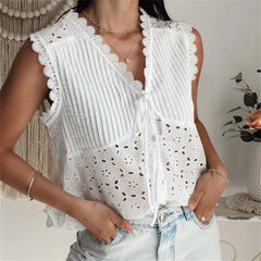 BXOXO Boho Women Tank Tops Hollow-Out Buttons Tie-Up Front V-Neck Casual Vests Summer Sleeveless Tops Vintage Streetwear