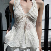 Bxoxo Lace Trim V-Neck Sexy Backless Ruffle Solid Halter Tank Top Y2K Summer Fashion Sweet Cute Daily Outdoor All-Match Camis