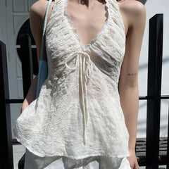 Bxoxo Lace Trim V-Neck Sexy Backless Ruffle Solid Halter Tank Top Y2K Summer Fashion Sweet Cute Daily Outdoor All-Match Camis