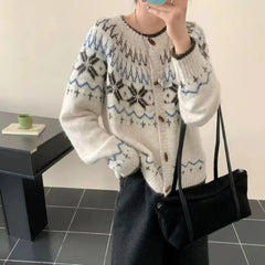Bxoxo Soft Knit Button Up Cardigan Women Fair Isle Sweater Jacket Ladies Teen-Girl Fall Winter Christmas Knitwear Casual Chic Outfit