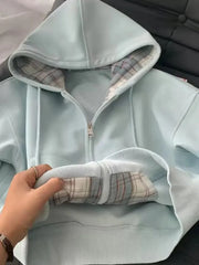 Bxoxo Plaid Patchwork Blue Hoodies Women Sweet Preppy Style Long Sleeve Cute Sweatshirts Loose Casual Vintage Female Korean Tops New