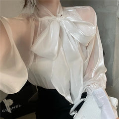Bxoxo Shirts & Blouses Elegant Bow Lace Up Women Fashion Sleeve Blusas Mujer 2025 Early Autumn Perspective Casual All-match Blouses