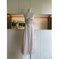 Bxoxo Sweet French Style Heart Print Satin Dress Neck Hanging Women's Maxi Skirt V-neck Sleeveless Empire Waist Spring Summer New