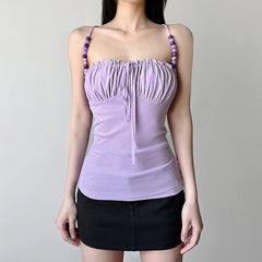 BXOXO Elegant Solid Folds Camis Vintage 2000s Skinny Strap Crop Tops Women Holiday Style Transparent Mesh Tees Ladies y2k Vest