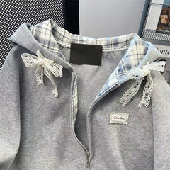 Bxoxo Harajuku Plaid Lace Sweatshirts Women Y2K Autumn Sweet Bow Long Sleeve Zipper Hoodies Oversized Loose Preppy All-Match Jacket