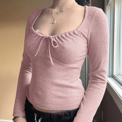 BXOXO Harajuku Solid Crop Top Women Retro Drawstring Bandage Square Collar Long Sleeve T Shirt y2k Casual Streetwear Tees Basic