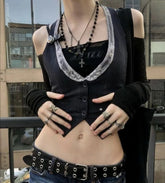 BXOXO Gothic Retro Button Down Fit Jacket Vest Solid Aesthetic Vintage Fairycore Grunge Slim Tank Tops Sleeveless Punk Style Waistcoat