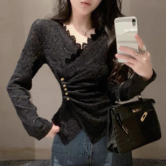 Bxoxo Lace V Neck Slim Shirt for Women Y2K Autumn Chic Crochet All Match Crop Tops Korean Elegant Office Ladies Thick Folds Blouse New