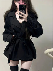 Bxoxo Y2K Black Coats for Women Korean Loose Elegant Double Breasted Lace Up Trench Jacket Ropa Mujer Streetwear Lapel Blend Outerwear