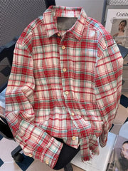 Bxoxo Red Plaid American Shirt Women Oversize Loose Vintage Long Sleeve Fall Blouse Streetwear Harajuku Retro Casual Bf All Match Tops