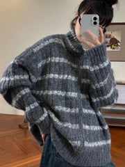 Bxoxo Lazy Wind Vintage Striped Cardigan Women Casual Preppy Style Loose Knitted Sweaters Japan Retro Stand Up Collar Long Sleeve Tops