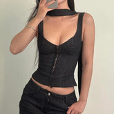 Bxoxo Corset Tank Tops for Women y2k Clothes Solid Color Slim Fit V Neck Sleeveless Bustier Vest with Scarf 2000s Streetwear