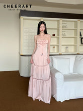 Bxoxo Pink Satin Backless Maxi Dress For Woman Shirring Beading A Line Long Tube Dress 2025 Summer Vacation Clothes