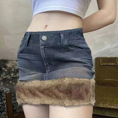 Bxoxo Y2k Vintage Denim Skirt Women Sexy Harajuku Fur Patchwork Mini Skirts Retro Slim Up Streetwear A-line Short Skirts