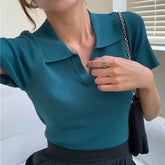 Women Knitted Polo Shirts Summer V-Neck Short Sleeves Solid Casual Crop Tops For Women Slim Y2K Sexy Tops Spring