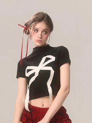 Bxoxo Cropped Slim Y2K T Shirt Women Streetwear Bow Print Sexy Short Sleeve Tees Vintage American Gothic Harajuku Black Tops New