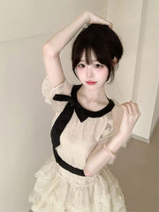 Bxoxo Off Shoulder Bow Sweet Dress Women Vintage O Neck Casual Elegant Mini Dress Lace Patchwork Retro Slim Lady Summer Vestidos