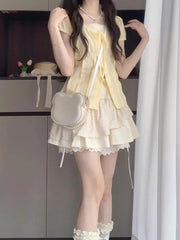 BXOXO 2000s Vintage 2 Piece Sets Women Lace Short Sleeve Cardigan Blouse Women+ Sexy Slim Camisole Dress 2024 Japanese Y2k Dress Suits