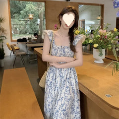 Bxoxo Summer Fresh French Style Sleeveless Dress Soft Backless Slim Fit High Waist Appears Slim Long Dress Women