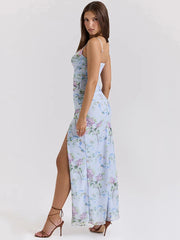 BXOXO Blue Floral Print Mesh Maxi Dress For Women Gown Zipper Spaghetti Strap Sleeveless Backless Split Club Party Long Dress