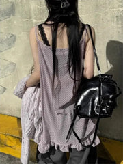 Bxoxo Harajuku Japanese Style Tank Tops Women Vintage Polka Dot Ruffle Sleeveless Mesh Dress Sexy See-through Layered Wear