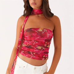 BXOXO Women Y2K Tube Top Mesh Ruched Strapless Crop Top Sexy Floral Print Backless Bandeau Tank Top with Scarf Summer Street