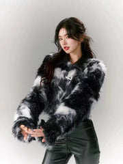 Bxoxo Fashion Tie Dye Faux Lamb Coat Women Y2K Streetwear All Match Hairy Crop Outerwear Fall Winter Pu Leather Patchwork Fur Jacket