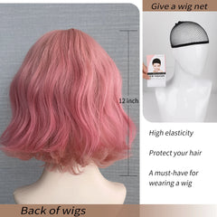 BXOXO 12 Inch Synthetic Short Pink Water Curly Wave Bangs Wig Fiber Wig Heat-resistant Natural Soft Cosplay Hairpiece For Women