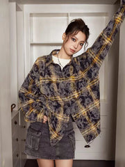 Bxoxo Autumn Tie Dye Plaid Shirt for Women Y2K American Loose Single Breasted Female Tops Korean Streetwear Casual Long Sleeve Blouse