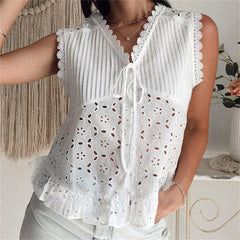 BXOXO Boho Women Tank Tops Hollow-Out Buttons Tie-Up Front V-Neck Casual Vests Summer Sleeveless Tops Vintage Streetwear