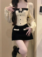 BXOXO Elegant Sweet Square Collar Bow Long Sleeve Tops Women+ Y2k E-Girl High Waist Bodycon 2025 Spring New Skirts Two Piece Sets