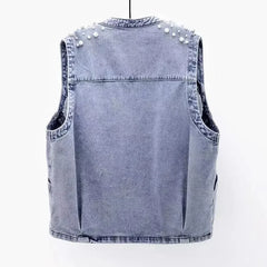 BXOXO New Summer Women's Beaded Denim Tank Top Sleeveless Top Cutting Street Clothing Jeans Jacket Korean Fashion Tank Top